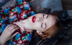 Women, Auburn Hair, Closed Eyes, Red Lipstick, Lying Down, Depth Of Field wallpaper thumb