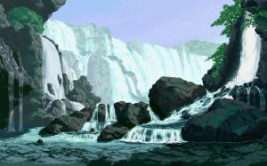 Pixel Art, Waterfall, Rocks wallpaper thumb