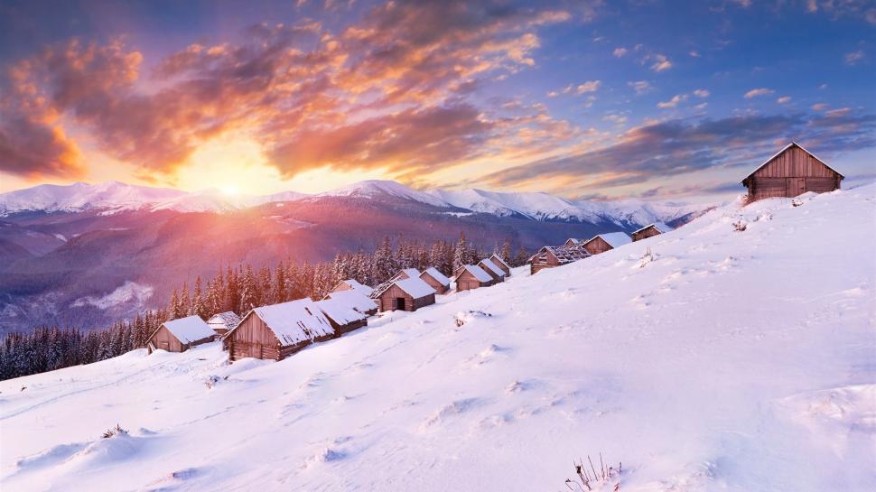 Mountains, houses, winter, thick snow, cold, sun wallpaper,Mountains HD wallpaper,Houses HD wallpaper,Winter HD wallpaper,Thick HD wallpaper,Snow HD wallpaper,Cold HD wallpaper,Sun HD wallpaper,2560x1440 wallpaper