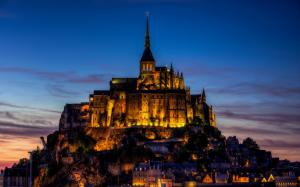 France, Mont Saint-Michel, castle, city evening, lights wallpaper thumb