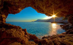Cave Sunlight Ocean HD wallpaper thumb