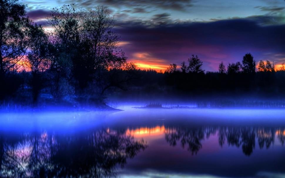 Blue Mist Lake At Sunset Hdr Wallpaper Nature And Landscape