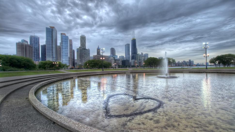 Fountain Heart In Chicago Hdr wallpaper,heart HD wallpaper,fountain HD wallpaper,city HD wallpaper,skyscrapers HD wallpaper,nature & landscapes HD wallpaper,1920x1080 wallpaper