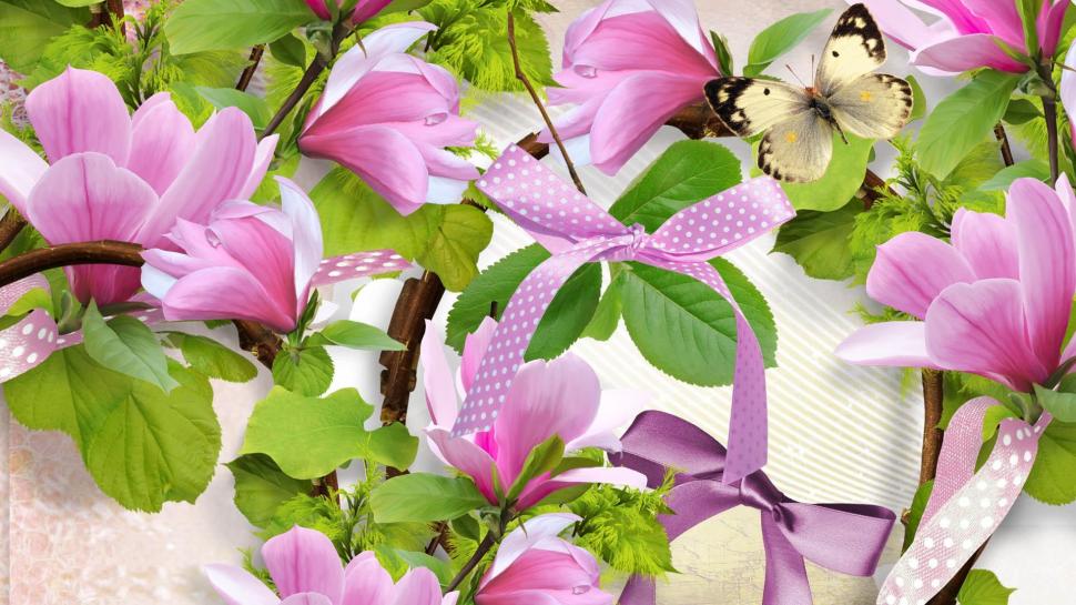 Pink Magnolias Ribbons wallpaper,south HD wallpaper,firefox persona HD wallpaper,blooms HD wallpaper,ribbons HD wallpaper,flower HD wallpaper,magnolia HD wallpaper,summer HD wallpaper,pink HD wallpaper,3d & abstract HD wallpaper,1920x1080 wallpaper