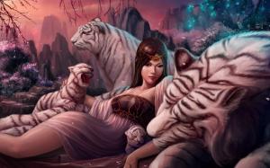 Fantasy girl, white tiger, art works wallpaper thumb