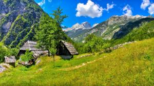 Slovenia, house, trees, grass, sky, clouds, mountains wallpaper thumb