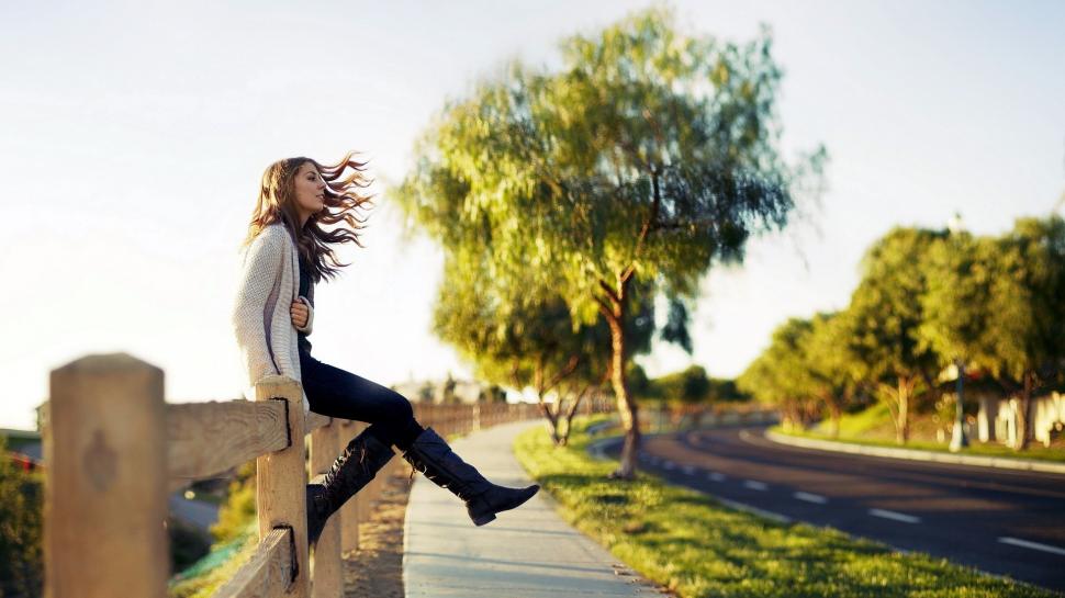 Woman, Sitting, Fence, Nature, Windy, Road, Photography wallpaper,woman HD wallpaper,sitting HD wallpaper,fence HD wallpaper,nature HD wallpaper,windy HD wallpaper,road HD wallpaper,photography HD wallpaper,1920x1080 wallpaper