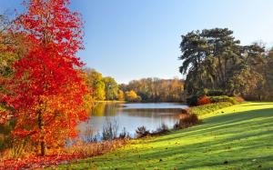 Autumn park, lake, trees, leaves, nature scenery wallpaper thumb