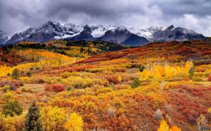 Beautiful autumn nature landscape, trees, mountains, clouds wallpaper thumb