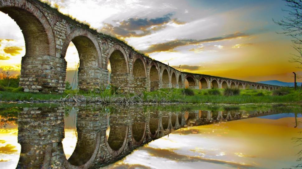 Ancient Majestic Aqueduct wallpaper,reflection HD wallpaper,aqueduct HD wallpaper,pond HD wallpaper,clouds HD wallpaper,ancient HD wallpaper,nature & landscapes HD wallpaper,1920x1080 wallpaper