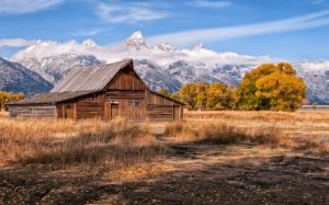 Mountains, sky, wooden house, grass, trees wallpaper thumb