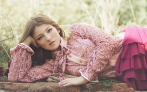 Girl lie down, pink dress, nature wallpaper thumb