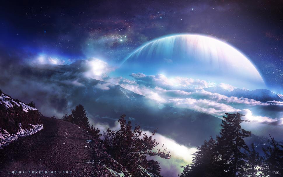 Road Planet Stars Trees Snow Landscape Clouds HD wallpaper,fantasy HD wallpaper,landscape HD wallpaper,trees HD wallpaper,clouds HD wallpaper,snow HD wallpaper,stars HD wallpaper,planet HD wallpaper,road HD wallpaper,1920x1200 wallpaper