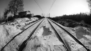 Snow Winter Railroad Rails BW HD wallpaper thumb