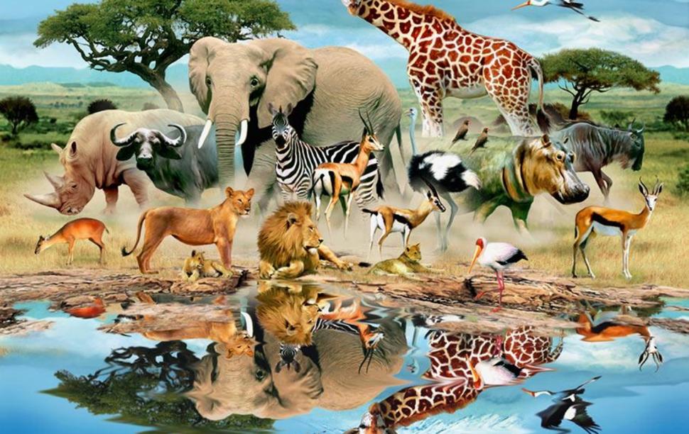 Animals, Animal World, Mural, Trees, Grass, Water, Reflection wallpaper |  art and paintings | Wallpaper Better
