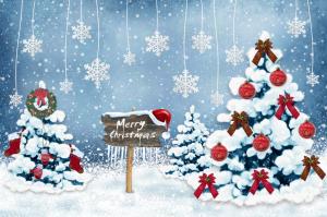 new year, christmas, card, christmas trees, snowflakes, ornaments wallpaper thumb