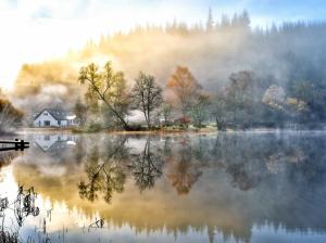 Beautiful painting, house, forest, lake, nature, morning, fog wallpaper thumb
