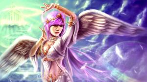 Purple hair fantasy angel girl, wings feather wallpaper thumb