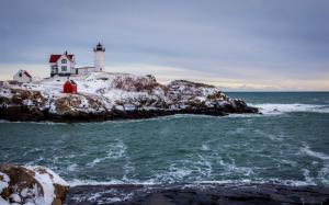 Sea, snow, winter, coast, house, lighthouse wallpaper thumb