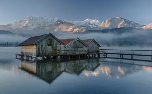 Germany, Bavaria, wood house, lake, mountains, morning, fog wallpaper thumb