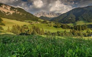 Dolomites, Santa Magdalena, Italy, fields, mountains, trees, houses wallpaper thumb