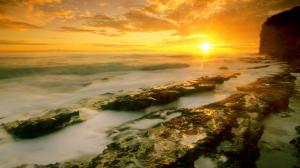 Sunset Sunlight Coast Rocks Stones Ocean HD wallpaper thumb