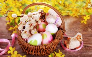 Easter, basket, eggs, willow, toys sheep, yellow flowers wallpaper thumb