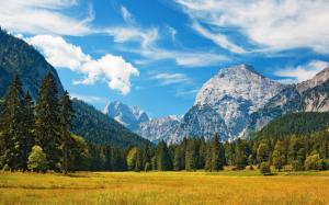 Bavarian Alps, grass, fields, trees, sky, clouds wallpaper thumb