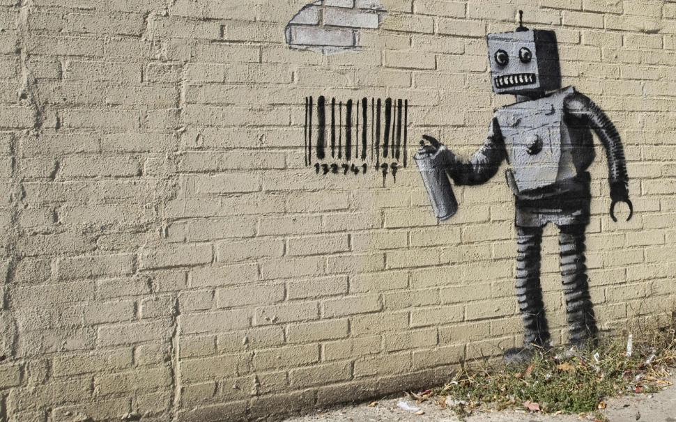 Robot Graffiti Barcode Brick Wall Wall HD wallpaper,digital/artwork HD wallpaper,robot HD wallpaper,wall HD wallpaper,graffiti HD wallpaper,brick HD wallpaper,barcode HD wallpaper,1920x1200 wallpaper