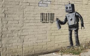 Robot Graffiti Barcode Brick Wall Wall HD wallpaper thumb