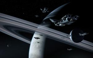 Spaceships flying around the planet wallpaper thumb