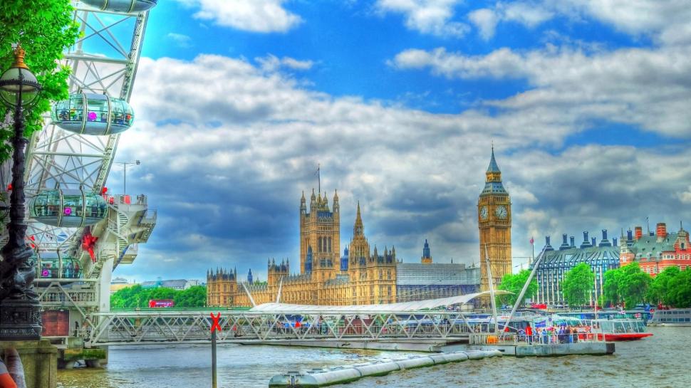 Snapshot Of A Day On The Thames Hdr wallpaper,tower HD wallpaper,city HD wallpaper,palace HD wallpaper,river HD wallpaper,ferris wheel HD wallpaper,nature & landscapes HD wallpaper,1920x1080 wallpaper