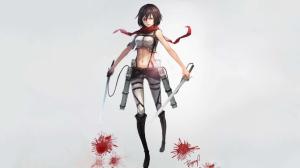 Mikasa Ackerman, Anime Girls, Weapon, Gray Background, Shingeki No Kyojin wallpaper thumb