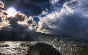 Clouds Sunlight Splash Water Drops Ocean Rock Stone HD wallpaper thumb