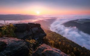 Nature, Landscape, Sunrise, Forest, Mountain, Rock, Clouds, Mist, Saxony wallpaper thumb