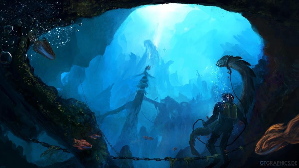 Diver Underwater Drawing Ocean Blue HD wallpaper,fantasy HD wallpaper,ocean HD wallpaper,drawing HD wallpaper,blue HD wallpaper,underwater HD wallpaper,diver HD wallpaper,1920x1080 wallpaper