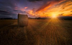 Summer, sunset, field, hay, dusk, red sky wallpaper thumb