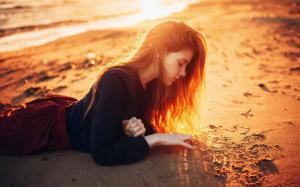 Long hair girl lying on beach, sunshine, dusk wallpaper thumb