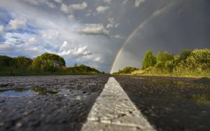 Road Highway Rainbow Wet Clouds HD wallpaper thumb