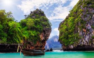 Ao Nang, Krabi, Thailand, bay, ocean, boat, rocks, mountains wallpaper thumb