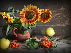 Sunflowers, berries, green apples wallpaper thumb