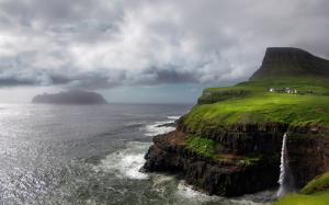 Faroe Islands, waterfall, Atlantic, mountain, rocks, storm, clouds wallpaper thumb