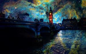 Beautiful art pictures, stars, night, London, bridge, river, lights wallpaper thumb