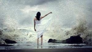 Girl, beautiful, white skirt, back, beach, waves, beautiful mood wallpaper thumb