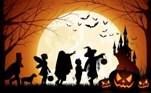 halloween, holiday, people, moon, pumpkins, trees, birds wallpaper thumb