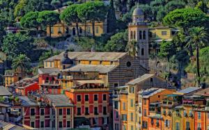 Portofino, Italy, houses, Church, tower, trees wallpaper thumb