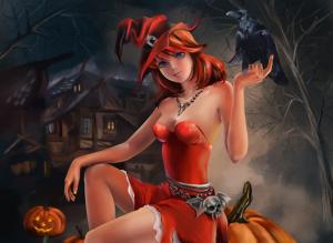 Fantasy, Girl, Halloween, Pumpkin, Bird wallpaper thumb