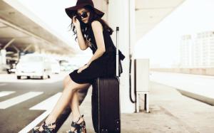 Asian girl, sunglass, suitcase, roadside wallpaper thumb