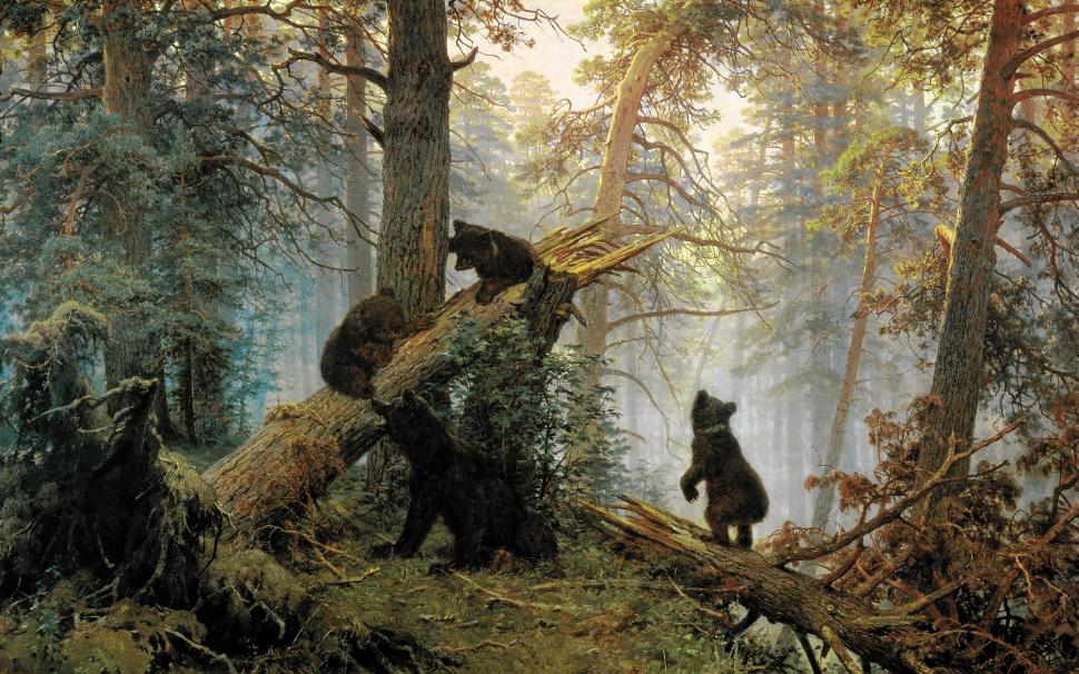 Bears Cubs Trees Forest Painting HD wallpaper,digital/artwork HD wallpaper,trees HD wallpaper,forest HD wallpaper,painting HD wallpaper,cubs HD wallpaper,bears HD wallpaper,2560x1600 wallpaper