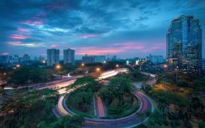 Indonesia, Jakarta city, houses, buildings, skyscrapers, night, road, lights wallpaper thumb